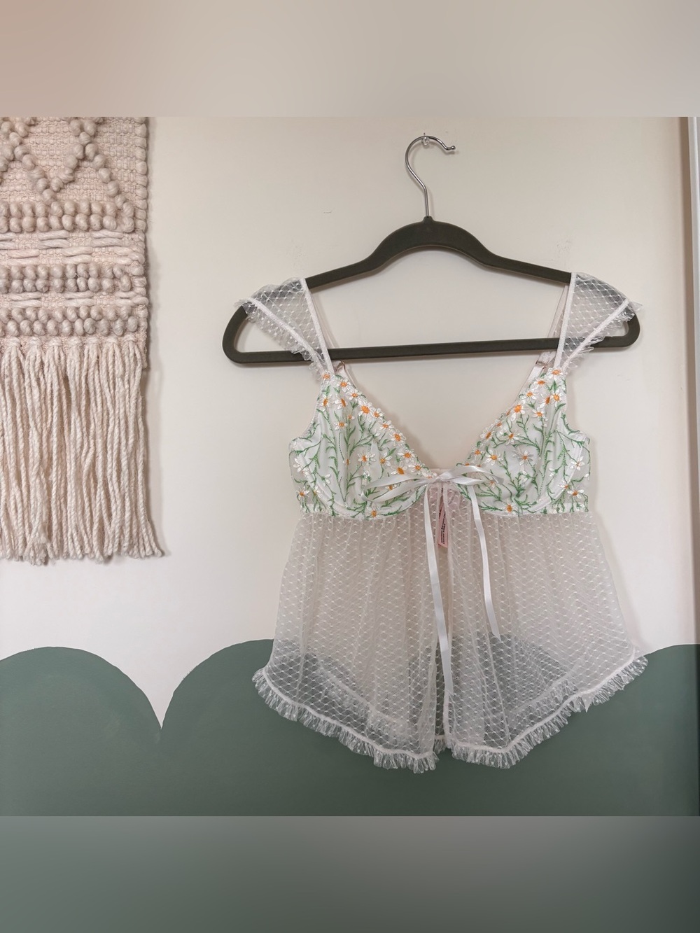 Victoria's Secret white & green floral lace lingerie top with bow detail